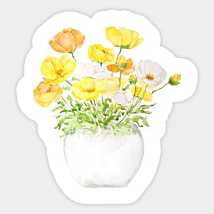 yellow orange and white poppies in pot Sticker